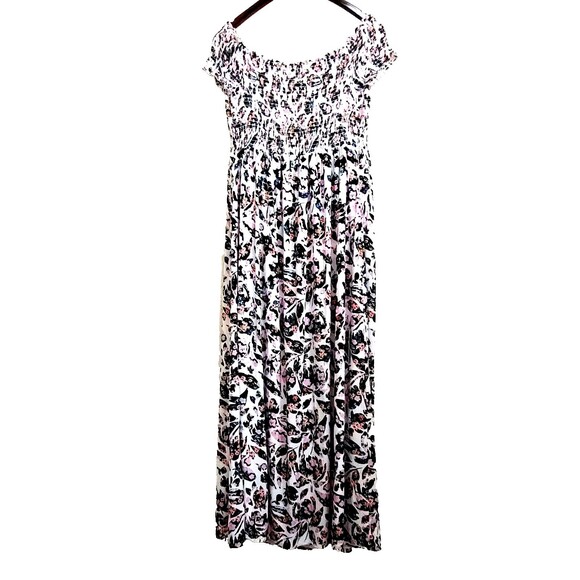 GUESS Floral On/ Off shoulder Maxi Dress Pink M Front Slit Smocked Walk-… - Picture 4 of 14